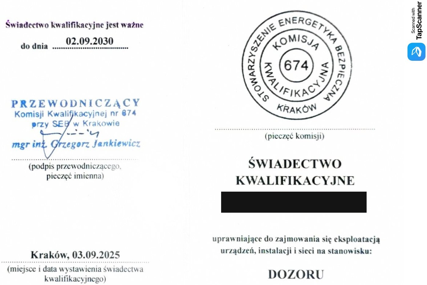 Świadectwo kwalifikacyjne SEP - Dozór - przód