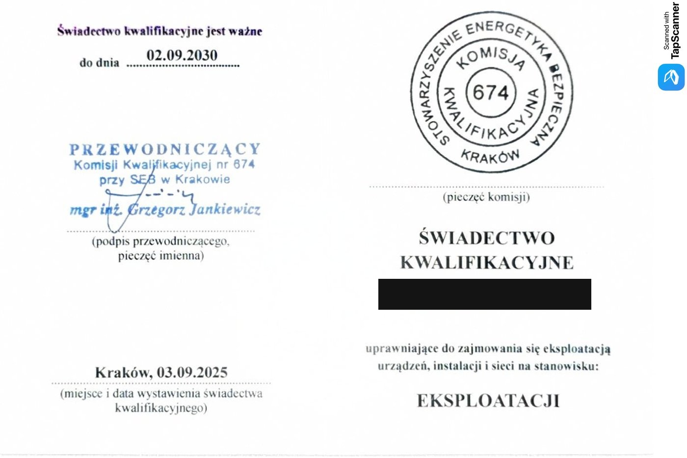 Świadectwo kwalifikacyjne SEP - Eksploatacja - przód