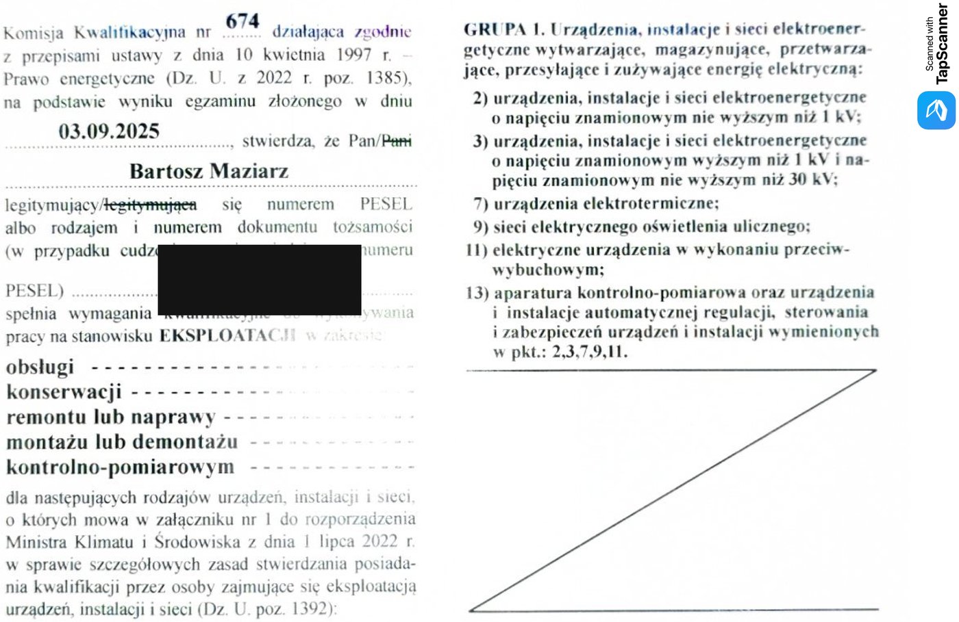 Świadectwo kwalifikacyjne SEP - Eksploatacja - tył